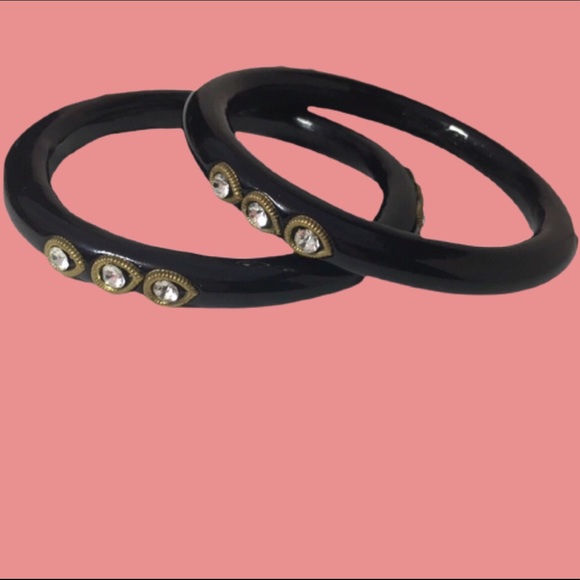 🍍Vintage 70’s Black & Gold Bangles With Crystals Very Art Deco - Picture 5 of 6